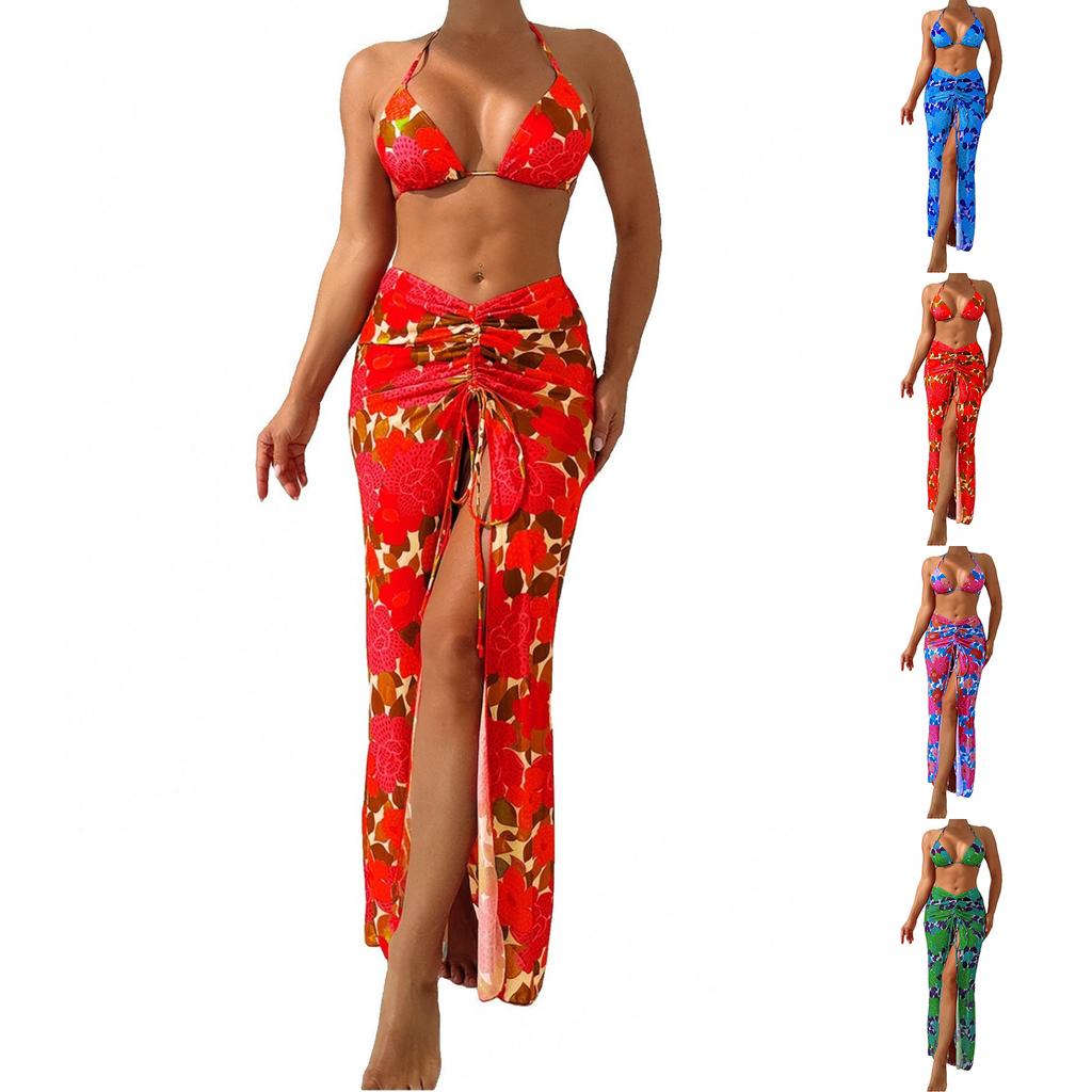 Fashionable Women's Three-Piece Set With Floral Print Split Skirt Straps Sexy Women's Split Swimming Suit