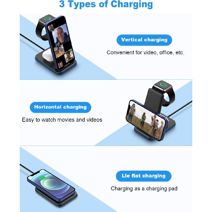 Foldable Wireless Charger for Multiple Devices 3 in 1 Wireless Charging Station for Travel, Compatible with iPhone 16 15 14 13 12 11/Pro/XR, Charging