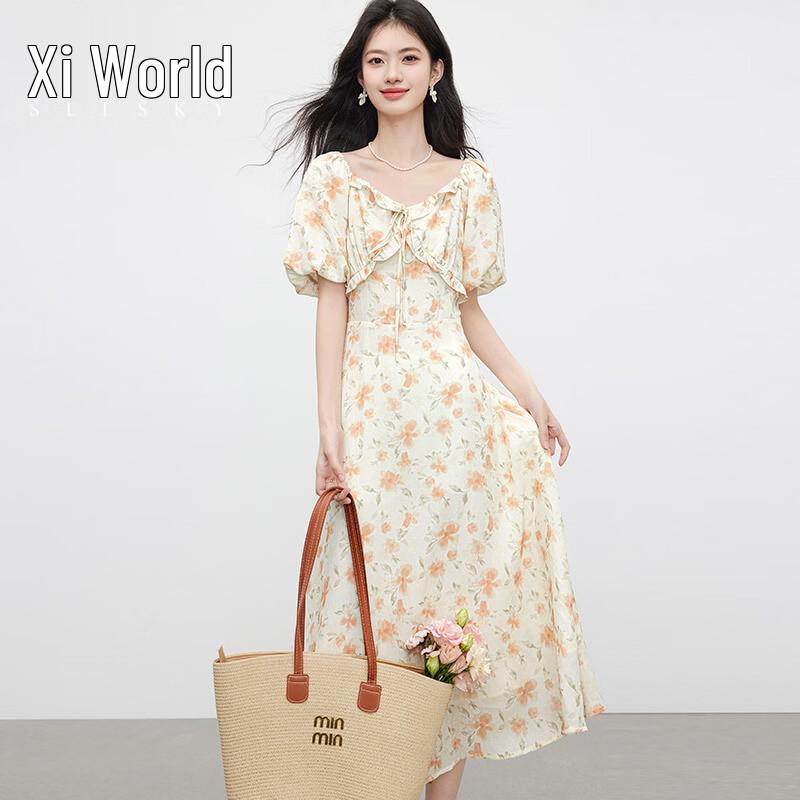 Sllsky Women s French Floral Chiffon Midi Dress S
