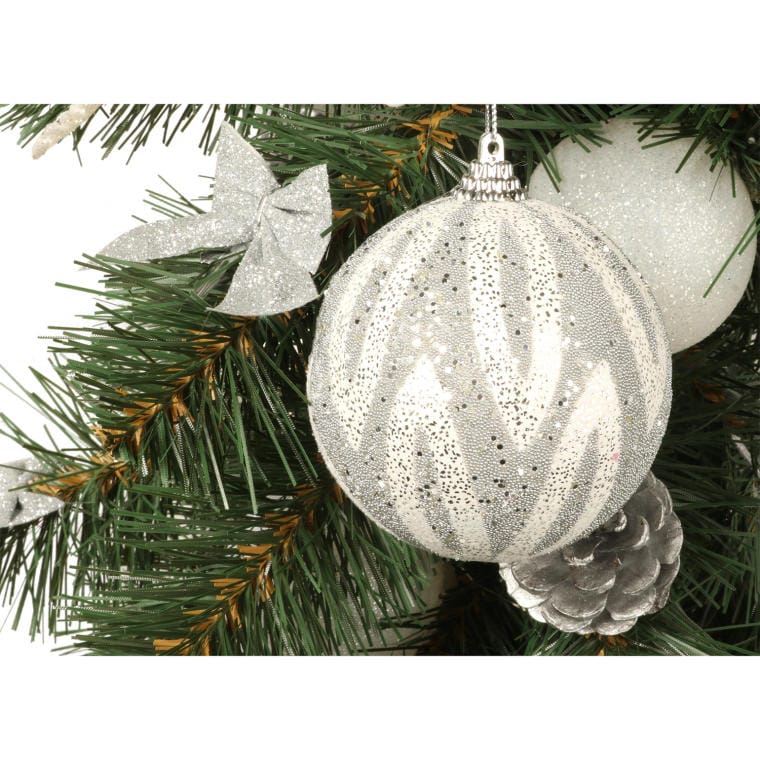 Decorated Styrofoam Bauble in White and Silver with Glitter, Size 8cm