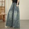 DIMANAF 2026 Summer New Plus Size Women Jeans Elastic Waist Long Pants Print Loose Casual Denim Cotton Trousers
