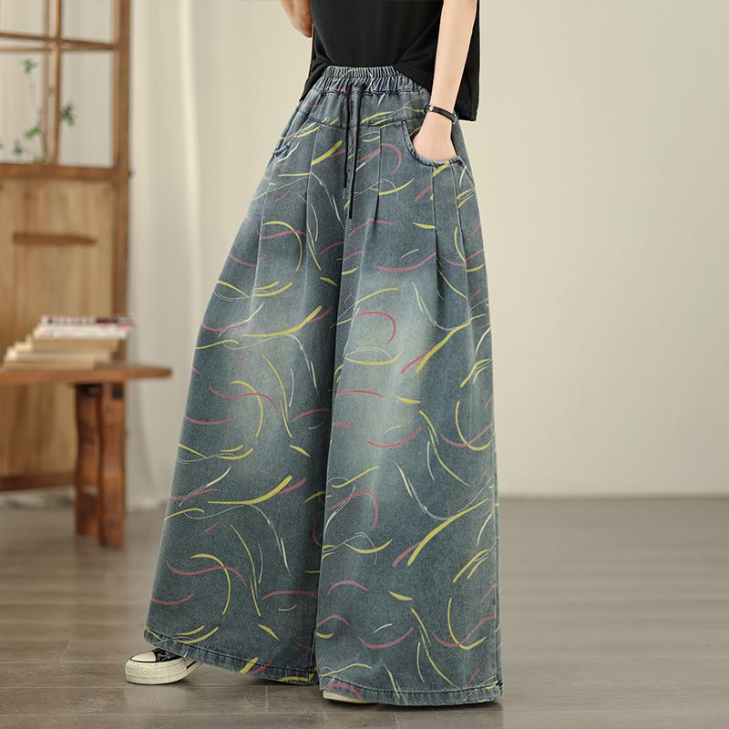 DIMANAF 2026 Summer New Plus Size Women Jeans Elastic Waist Long Pants Print Loose Casual Denim Cotton Trousers