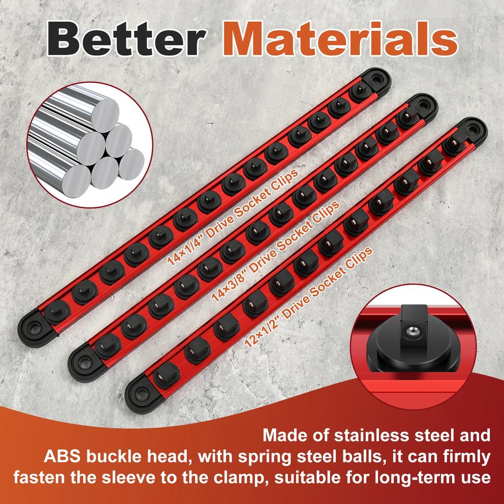3Pcs Magnetic Socket Organizer Rail Set Stainless Steel  with 12/14 360° Rotatable Removable Clip for Toolbox for Mechanic DIY