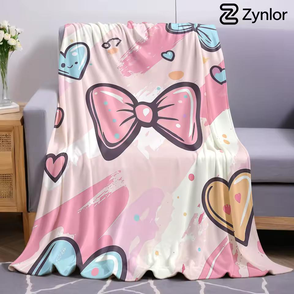 Pastel Bow Heart Graffiti Cartoon Anime Print Flannel Blanket Soft Warm Throw for Kids Bedroom Sofa Bed Christmas Office Car