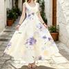 Women U Neck Maxi Sundress,Lilac Flower Print Dress,Sleeveless Flowy Long Dress,Coastal Casual Summer Apparel