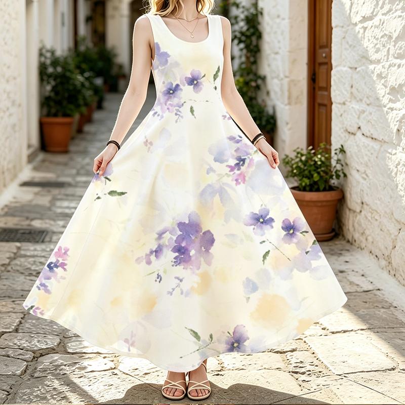Women U Neck Maxi Sundress,Lilac Flower Print Dress,Sleeveless Flowy Long Dress,Coastal Casual Summer Apparel