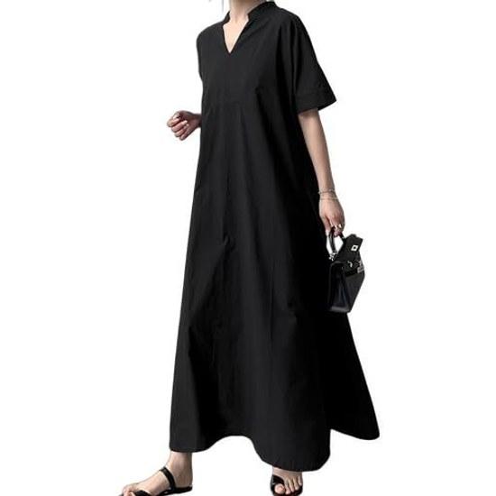 Chobof Dress Womens Short Sleeve Loose Long A-Line V-Neck Plus Size Summer Body Cover Casual Slimming Solid Spring Autumn Outing Commuting