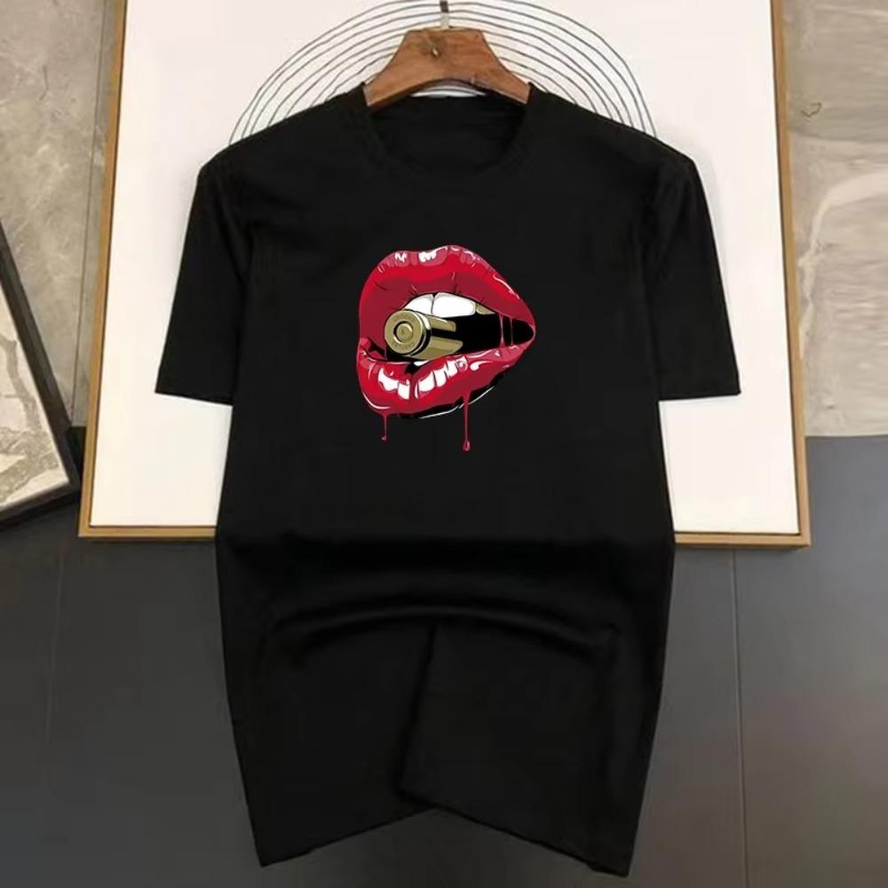Brand T Shirts for Men Summer Fashion Sexy Lips Bite Bullets Print Shirt Cotton High Quality Woman Clothing Tops Streetwear
