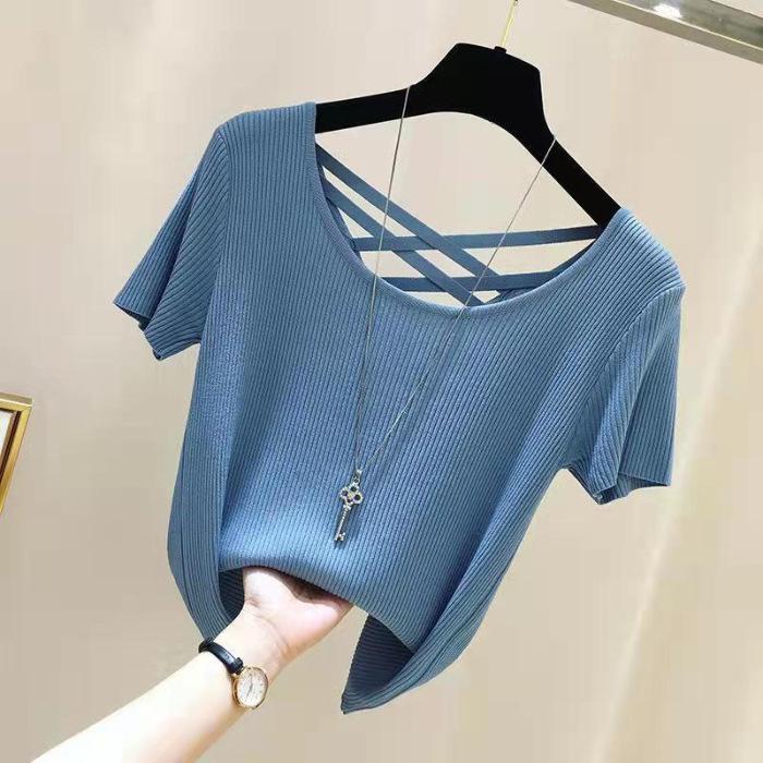 Women's Backless Slim Fit Ice Silk Ribbed T-Shirt – Short Sleeve, Slightly See-through Summer Base Layer (2025 Trend).