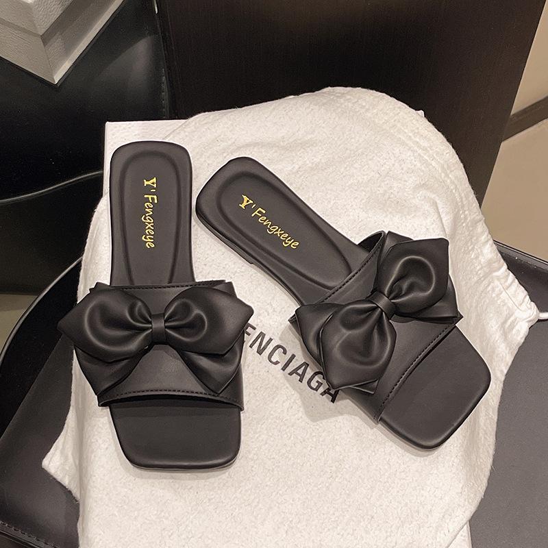 Sandale de damă cu toc gros, vârf pătrat, primăvară nou, fundă, un pedal, casual, papuci de exterior