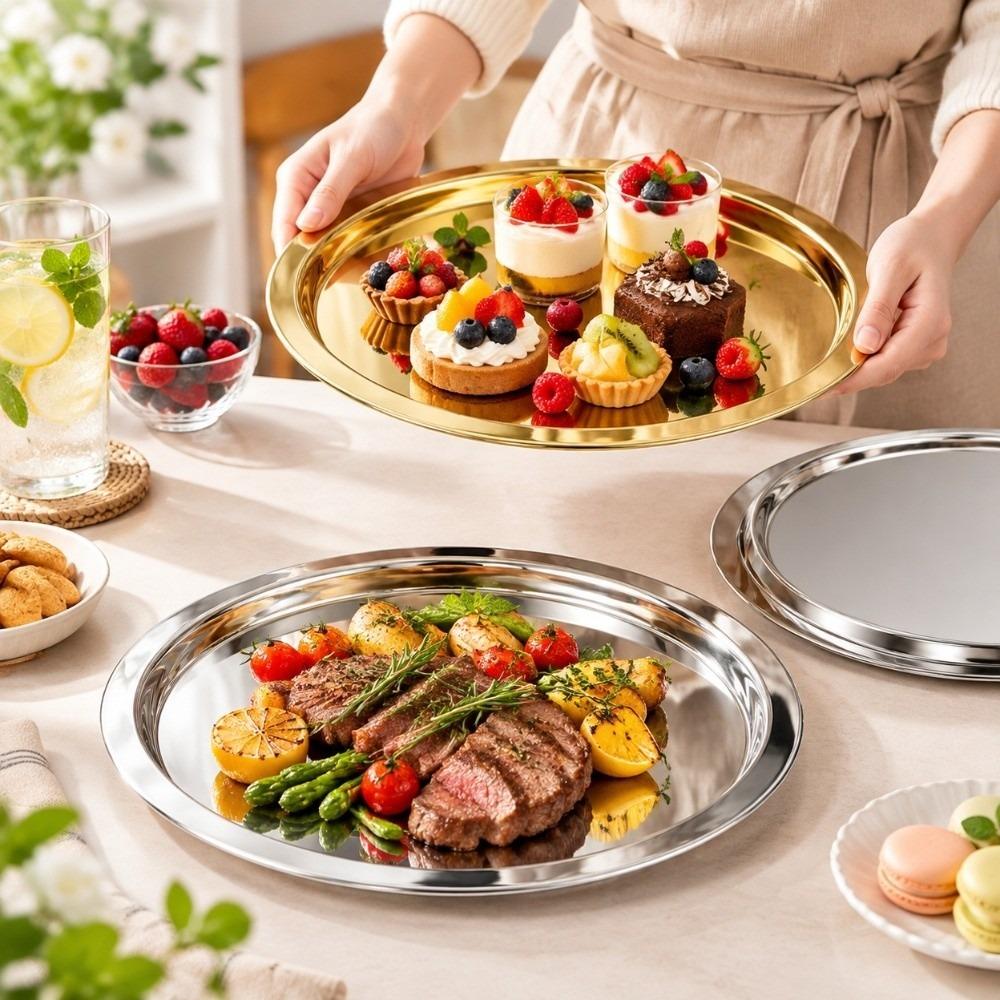 Stainless Steel Round Plate Shallow Tray Rustproof Breakfast Serving Tray  Restaurant