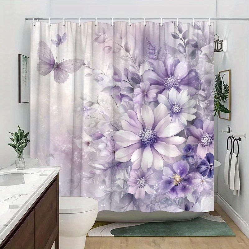 1 ks Fialová květinová sprchová závěs s motýly - Fialové sedmikrásky a astry, Snové gradientní pozadí, Polyester, 70,8 x 70,8"