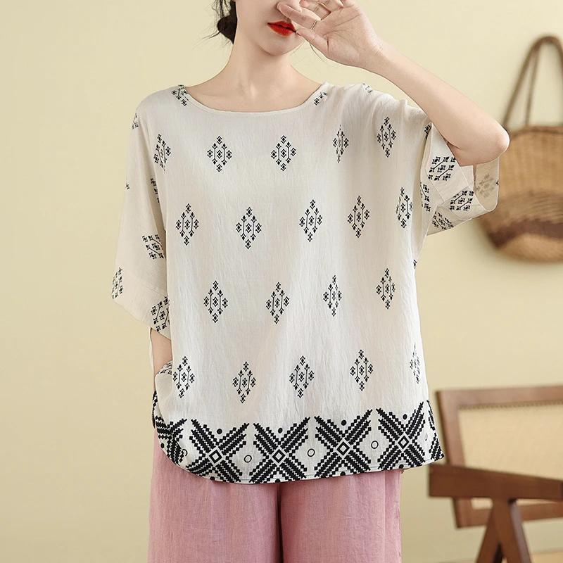 Sommer Schwarz Ethnisch Bedruckte Bluse für Damen Fledermausärmel Lässiges Oberteil