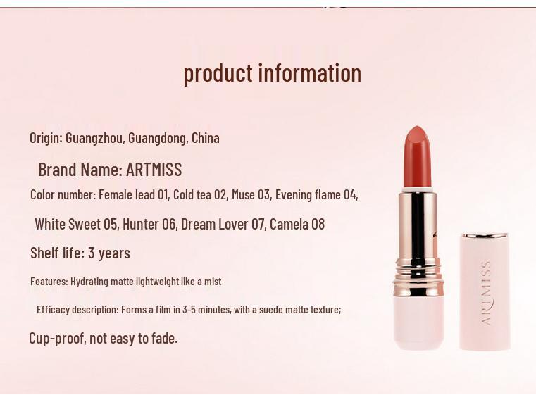 ARTMISS Matte Velvet Lipstick - Non-Stick, Long-Lasting, Non-Fading, and Non-Drying.