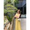Summer French Plaid V-neck Halter Maxi Dress - Yellow Beach Style with Slim Waist