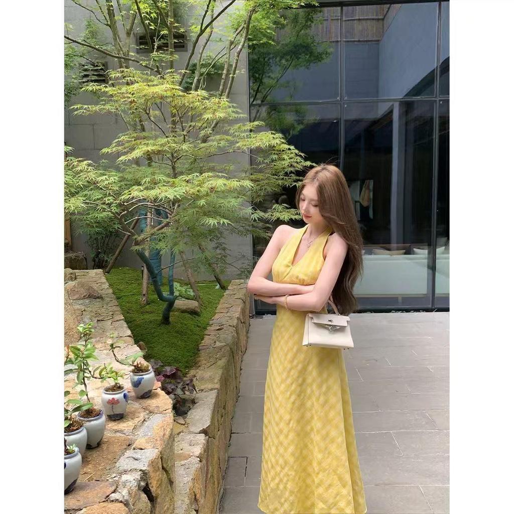 Summer French Plaid V-neck Halter Maxi Dress - Yellow Beach Style with Slim Waist