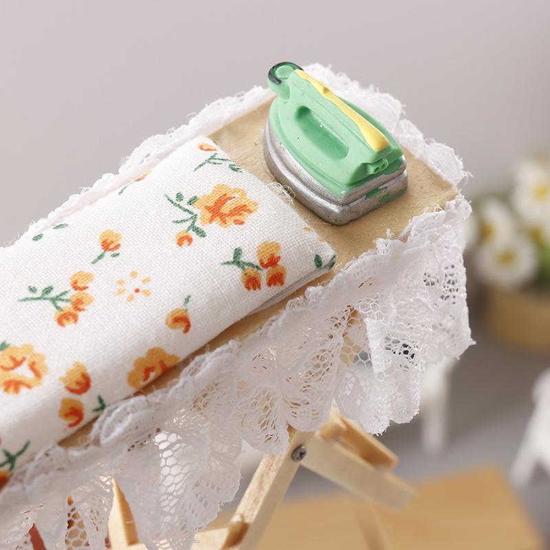 1:12 Dollhouse Miniature Wooden Ironing Board Mini Flat Iron Furniture Model Sewing Life Scene Decor Toy Micro Scene Props