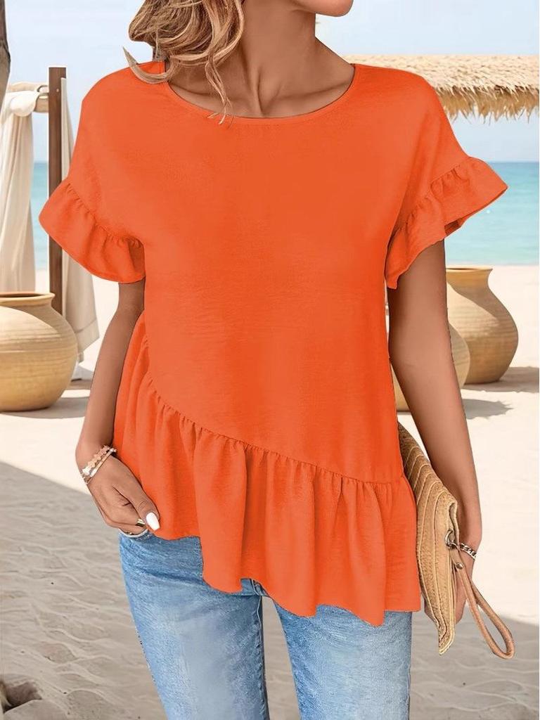 2025 Summer European & American Style Loose Ruffle Sleeve Women's Casual Solid Top