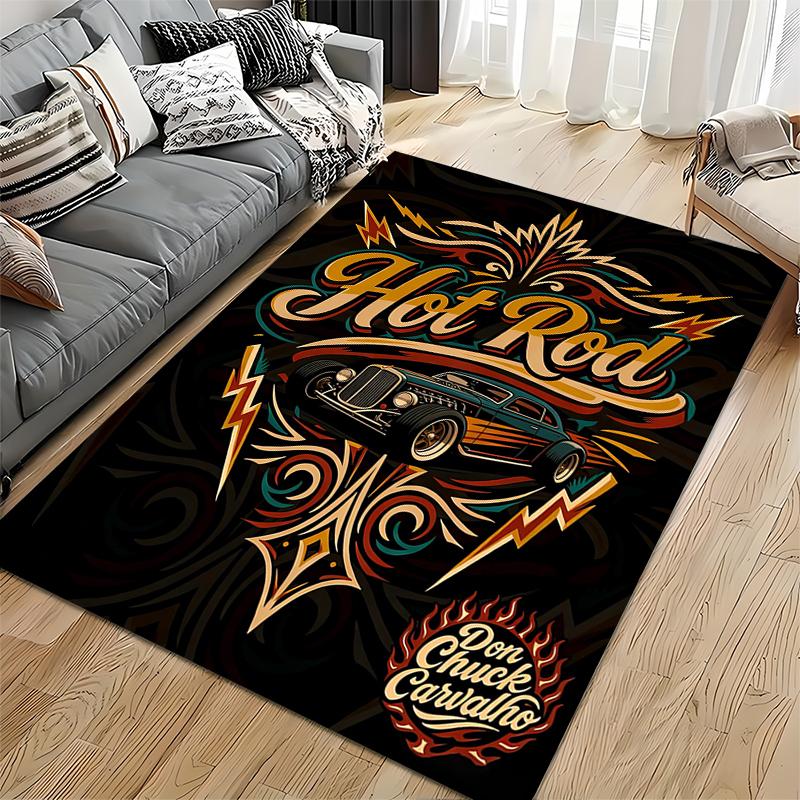 "Hot Rod Themed Carpet with Vintage Car and Flame Design Print" Suitable for use as an anti-slip for living room bedroom sofas