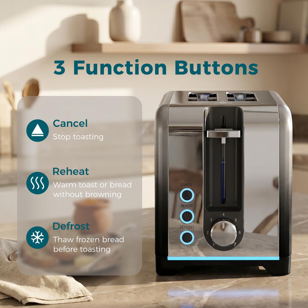 2 Slice Toaster with 7 Browning Levels, Reheat, Defrost and Cancel Functions
