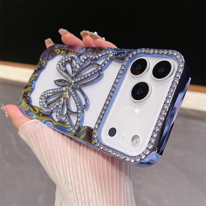 Luxusní pozlacený třpytivý diamantový dutý motýlí kryt na telefon pro IPhone 17 Air 16 15 14 Plus 13 12 11 Pro Max Nárazuvzdorný TPU kryt