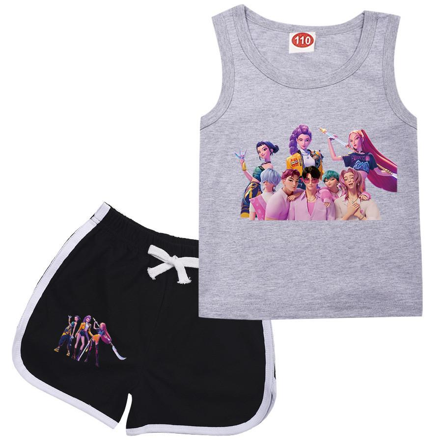Kids Girls Anime Cartoon K-Pop Rumi POP Singer Zoey Mira Printed Casual Sleeveless T-Shirt Tank Top Shorts Clothes Set
