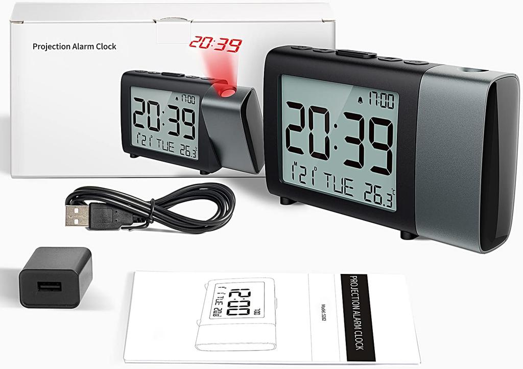 Portable Table Alarm Clock with Adjustable Backlight and Display Calendar Laser Projection Alarm Clock for Bedroom Ceiling Wall