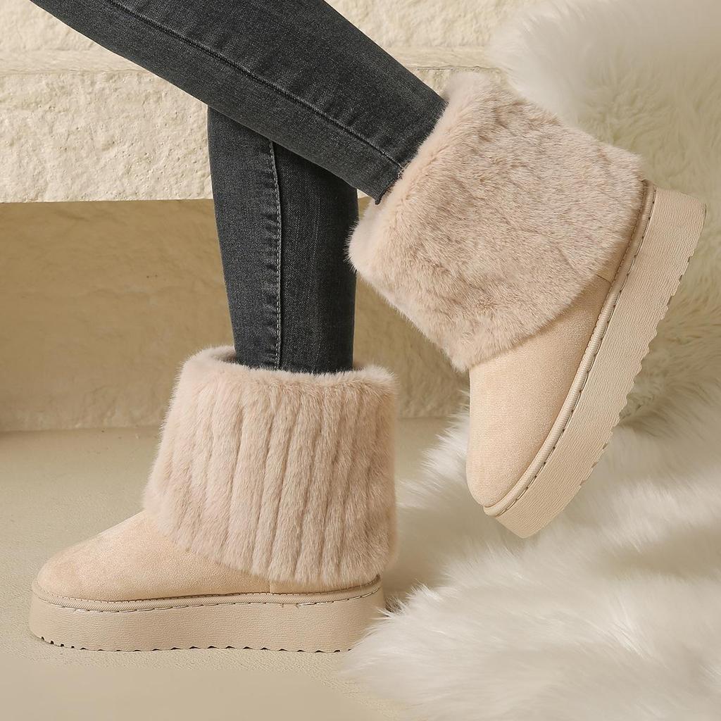 Women's Snow Boots with Fur Stripe Decoration, Fleece Autumn and Winter Casual Thick-soled Mid-calf Warm Shoes, Warm and Comfortable Cotton Shoes