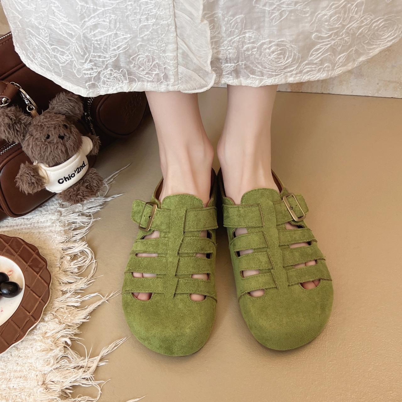 

2025 height increase outer wear Roman style women s shoes summer hollow breathable bag head soft sole semi-drag cool slippers Birken slippers 41 зелений