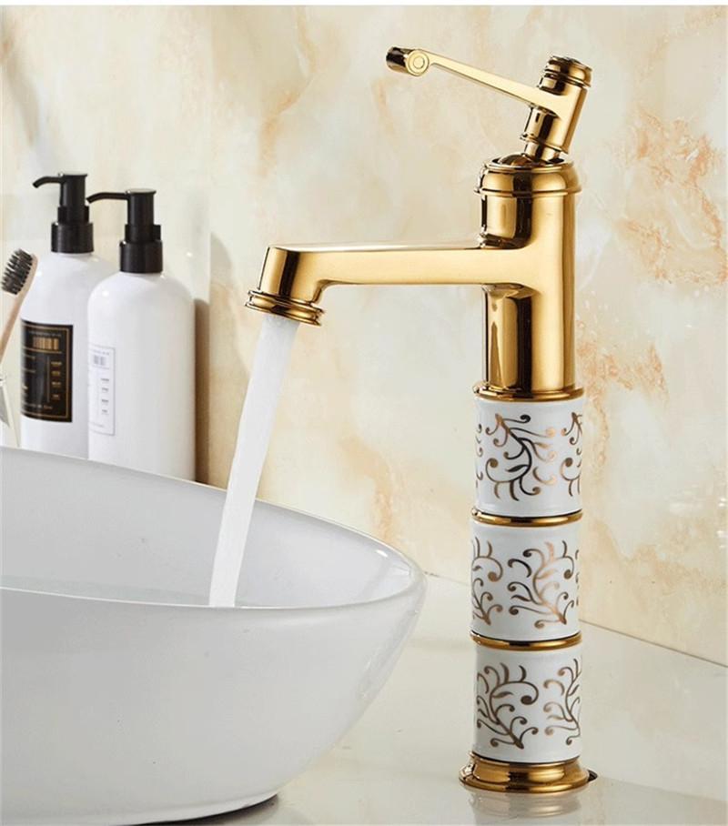 Gold Bathroom Faucet Brass and Ceramic Rose Gold Basin Faucet Deck Mounted Bathroom Water Tap Hot & Cold Mixer Tap Sink Faucet