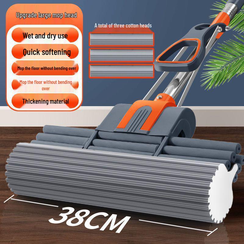 Sponge Mop with Cotton Squeeze Roller - High Absorption, Hands-Free, Large & Durable for Household Floors