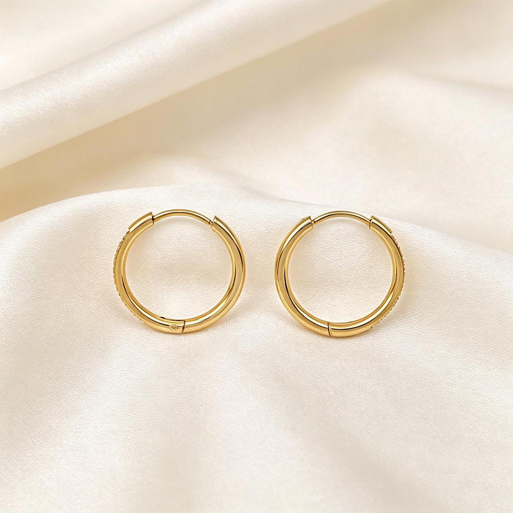 Gold Zirconia Stainless Steel Hoop Earrings - Versatile Round Micro Paved Studs with Stones.
