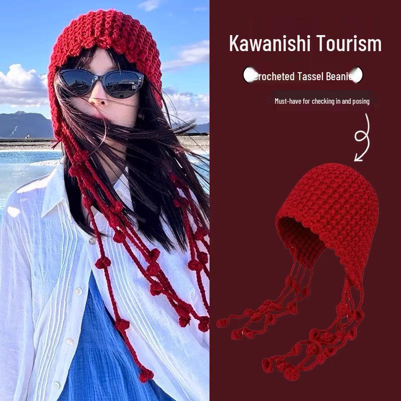Kawanishi Women's Handmade Wool Beanie with Tassel and Ear Protection