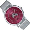 Casio analog metallic watch, silver/red, bracelet.