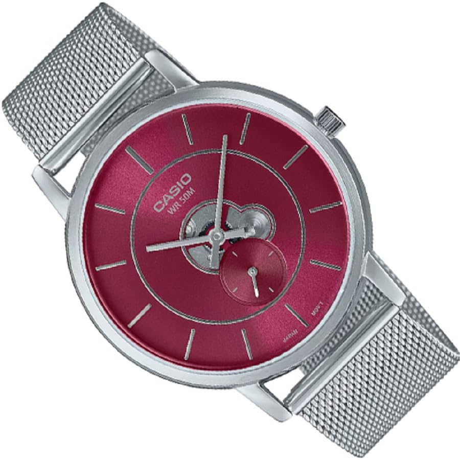 Casio analog metallic watch, silver/red, bracelet.