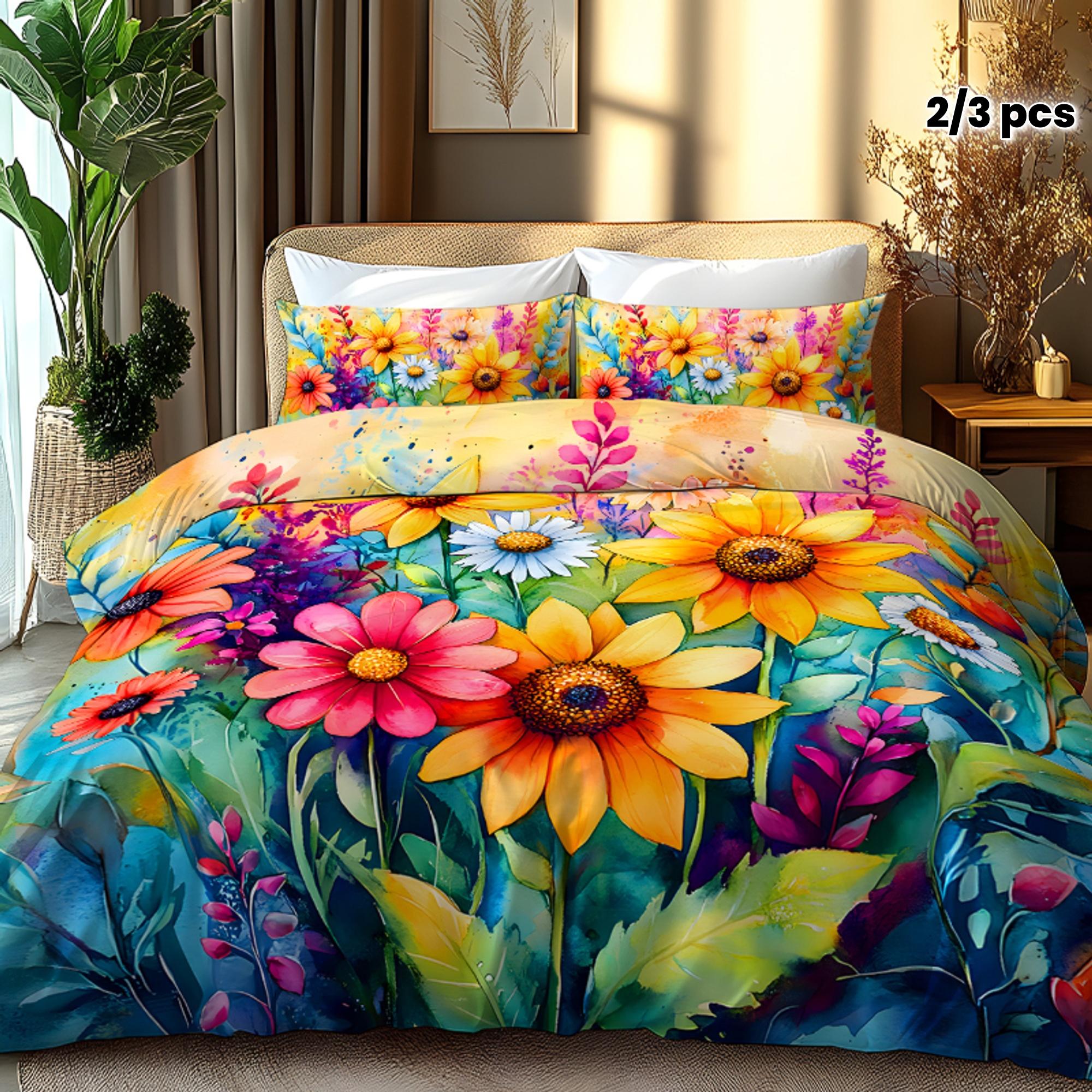 

[Valentine Bedding Set] 2/3pcs Valentine s Day - Watercolor Sunflower Colorful Flowers Exotic Style - Four Seasons Universal AU Double(180x210cm)