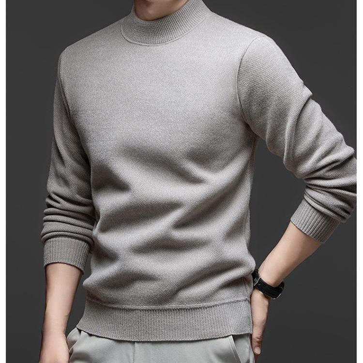 Men's Casual Half-High Neck Ferret Wool Sweater - Fleece Lined, Warm, Solid Color, Winter Knit.