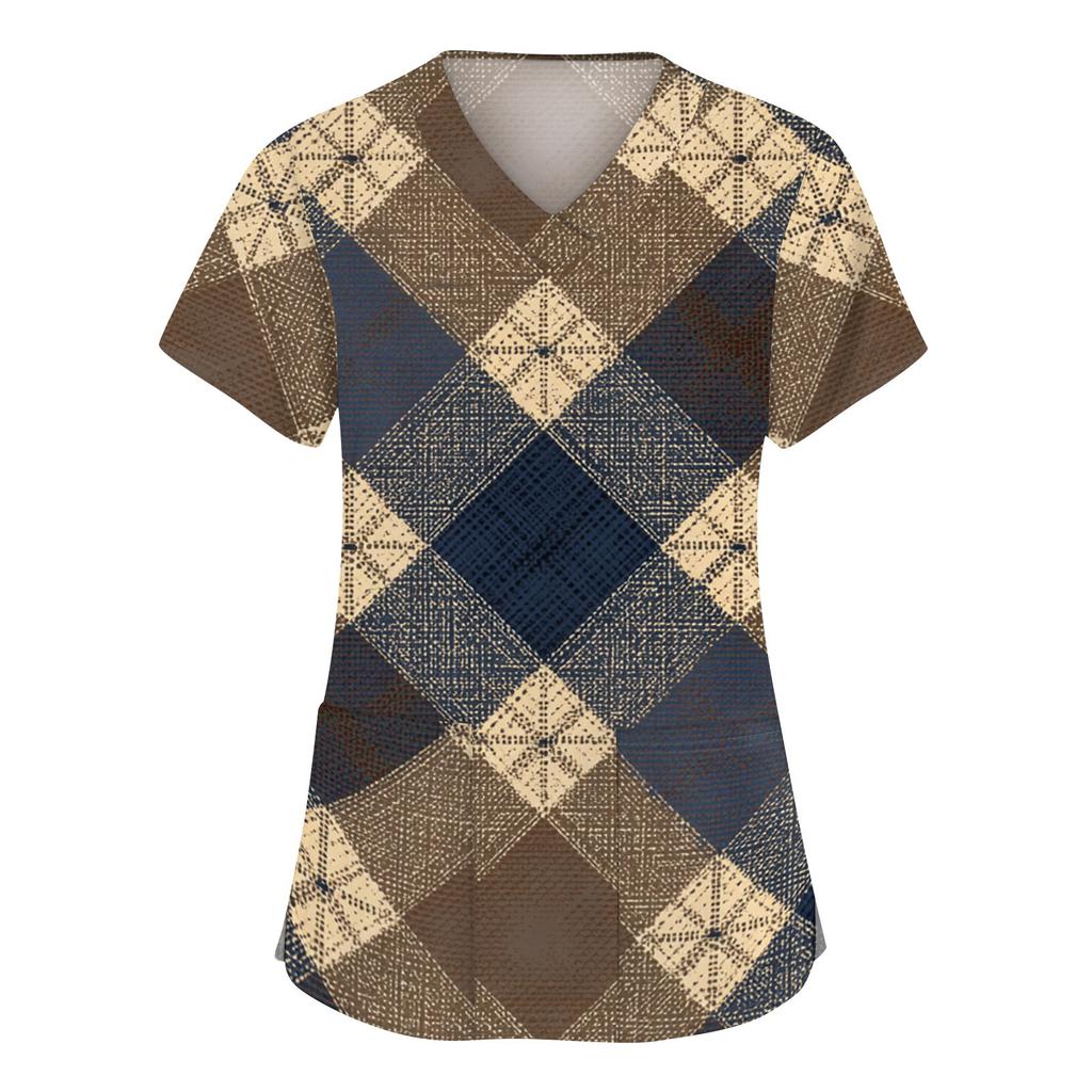 Women's Fashion V-neck Short Sleeve Workwear With Pockets Printed Tops