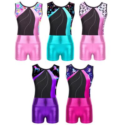 Çocuk Kız Parlak Rhinestones Jimnastik Leotard Dans Unitard Biketard Şort Spor Takım Elbise