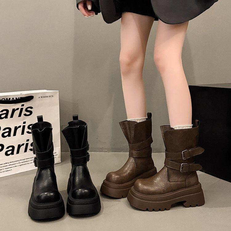 Thick-soled Martin Boots Women's 2025 Autumn New Wasteland Wind Western Cowboy Boots Medium Tube Wasteland Wind Black Short Boots