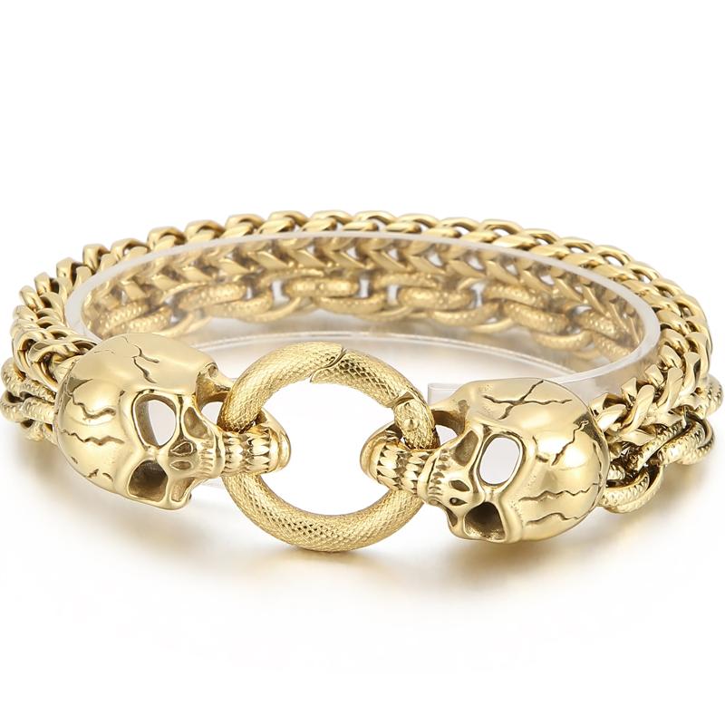 Cooles Skelett-Totenkopf-Armband für Männer aus poliertem Edelstahl, 13 mm breite Doppelgliederkette, Herrenarmbänder, Punk-Gothic-Schmuck