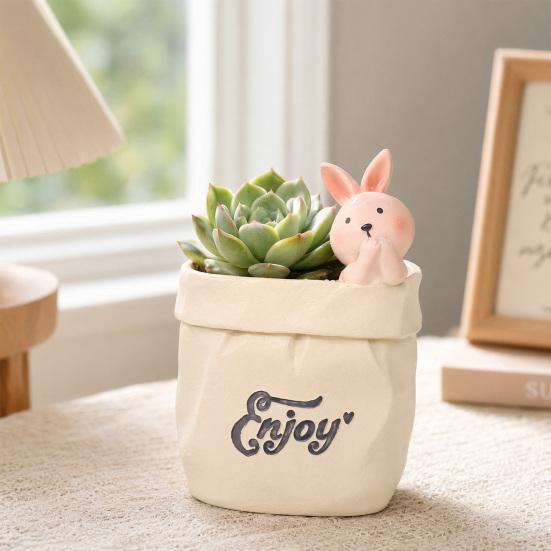 Xiaobudian Wrinkled Paper Bag Pen Holder with Animal Decor, Resin Desk Organizer & Succulents Planter, Cute Stationery Gift for Students Office