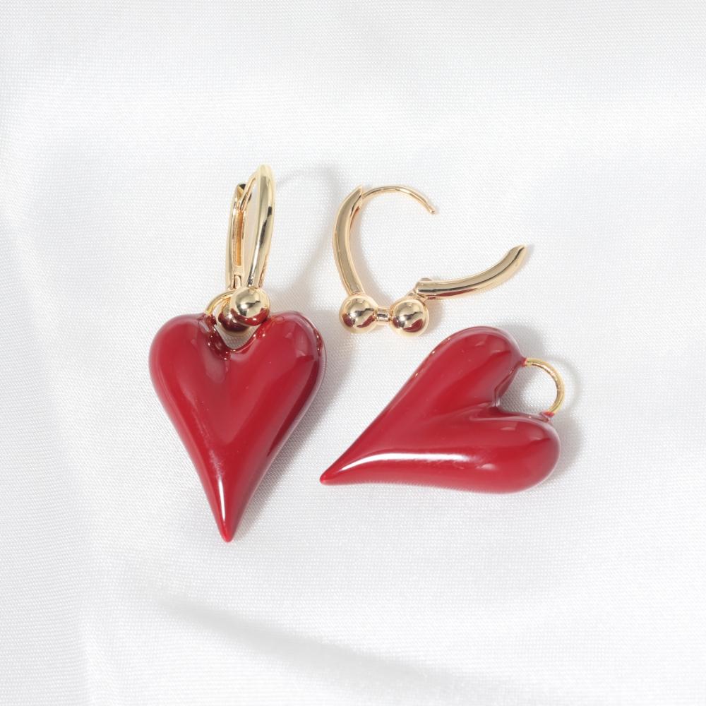 Golden Plated Red Heart Dangle Earrings for Women Hoop Earrings for Jewelry Wedding Party Accessories