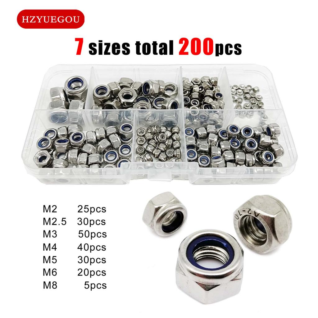 304 A2-70 Stainless Steel 200pcs Hex Nylon Insert Self Lock Nylock Locknut Assortment Kit Set with M2 M2.5 M3 M4 M5 M6 M8 - Dura
