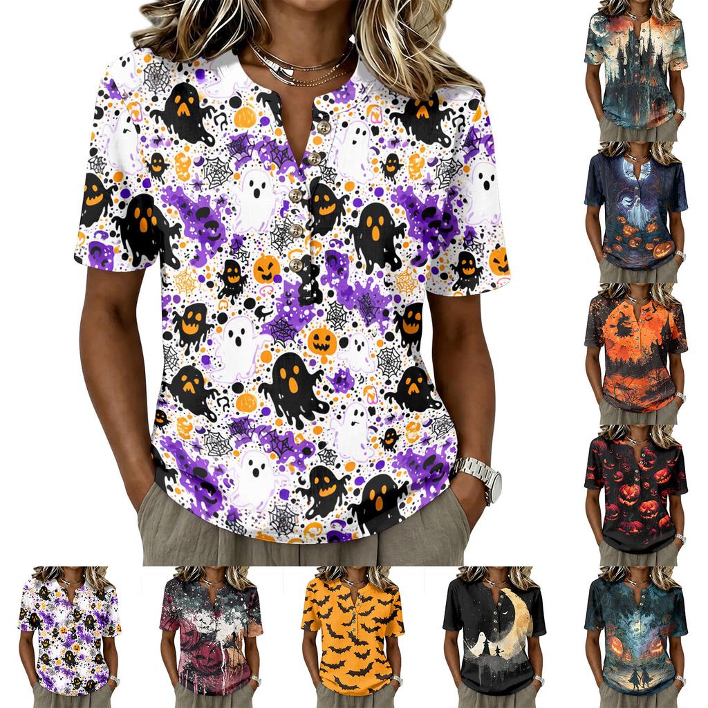 Women's Short Sleeve Henley Shirt Button Front Casual Loose Fit Cotton Linen Blend Top Halloween Graphic Print