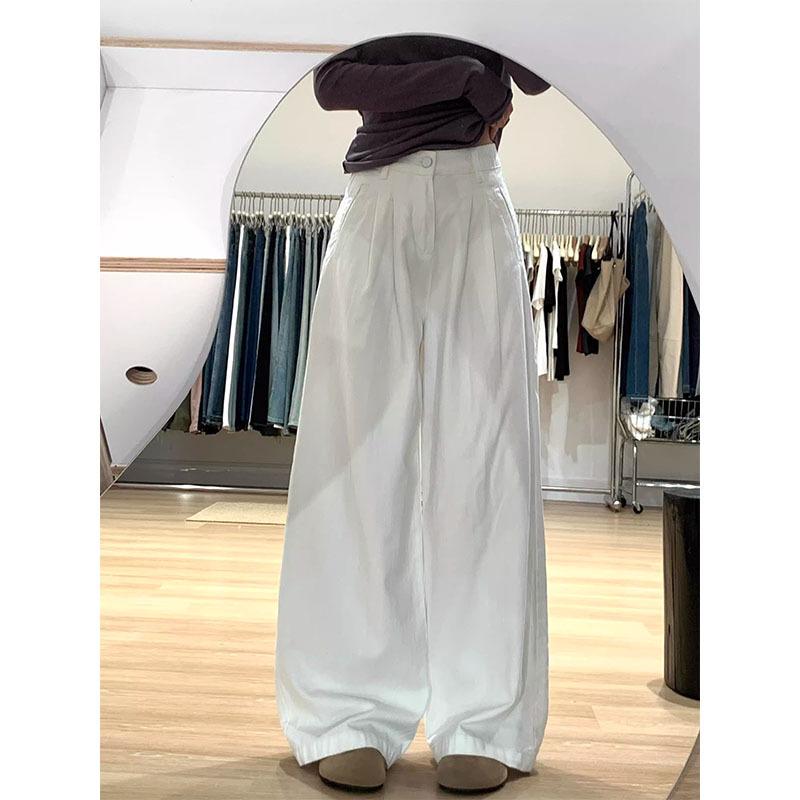 Plus Size High Waist Fleece-Lined White Pleated Wide-Leg Jeans for Women - Autumn/Winter Loose Straight Leg Floor-Length Pants