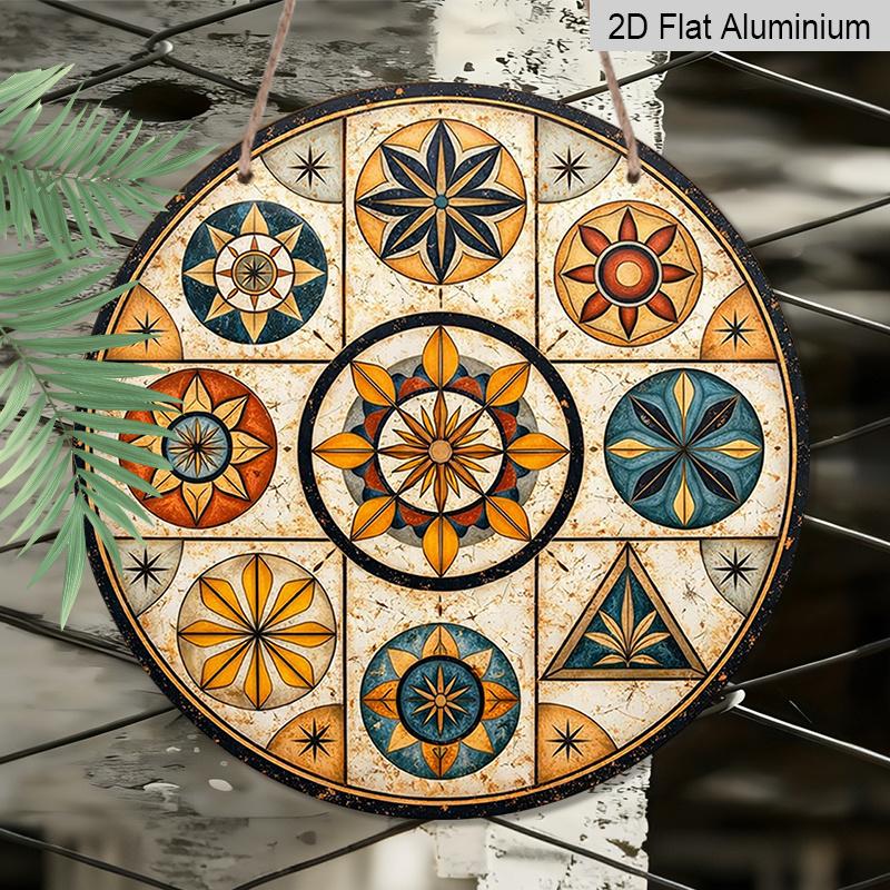 2D Flat, 1pc Round Vintage Mosaic Geometric Pattern Metal Sign, Metal Wall Door Hanging Decor, Suitable for Placing in Room/Restaurant/Bar/Front