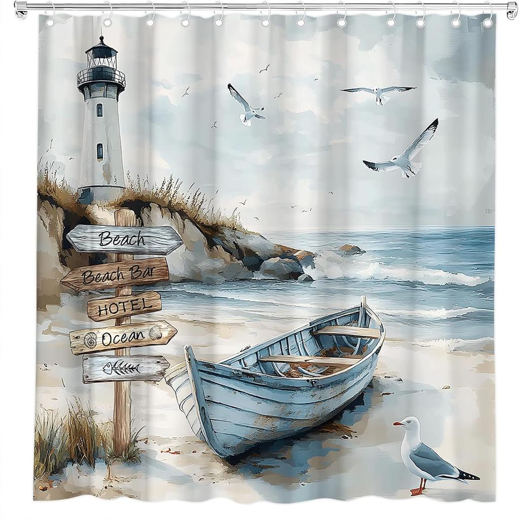 Nautical Coastal Shower Curtain Ocean Beach Lighthouse Seasides Sailboat Seagull Wild Grass Sea Waves Watercolor Seascape Bath
