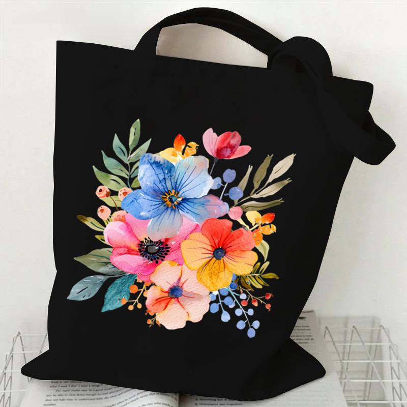 Elegant Wildflowers Aesthetic Canvas Handbag Reusable Floral Shopping Tote Bag for Women