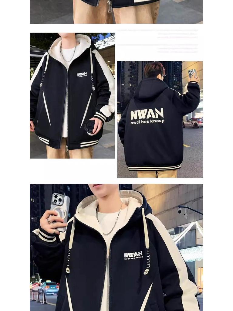 Men's Winter Fleece-Lined Hooded Baseball Jacket - Loose Fit, Plus Size Trend.